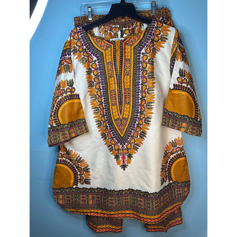 traditional African-style Dashiki shirt and pants set vibrant tribal print 2X